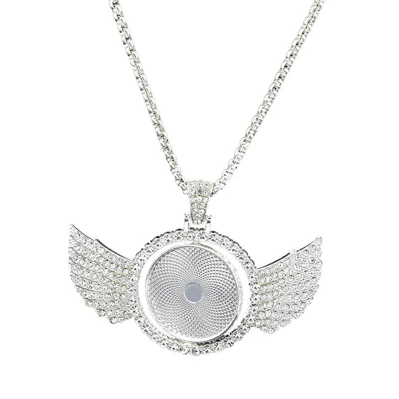 Iced Out Mother Photo Sublimation Glass Cabochon Custom 18k Gold Plated Angel Wing Pendant Necklace Bling Charm