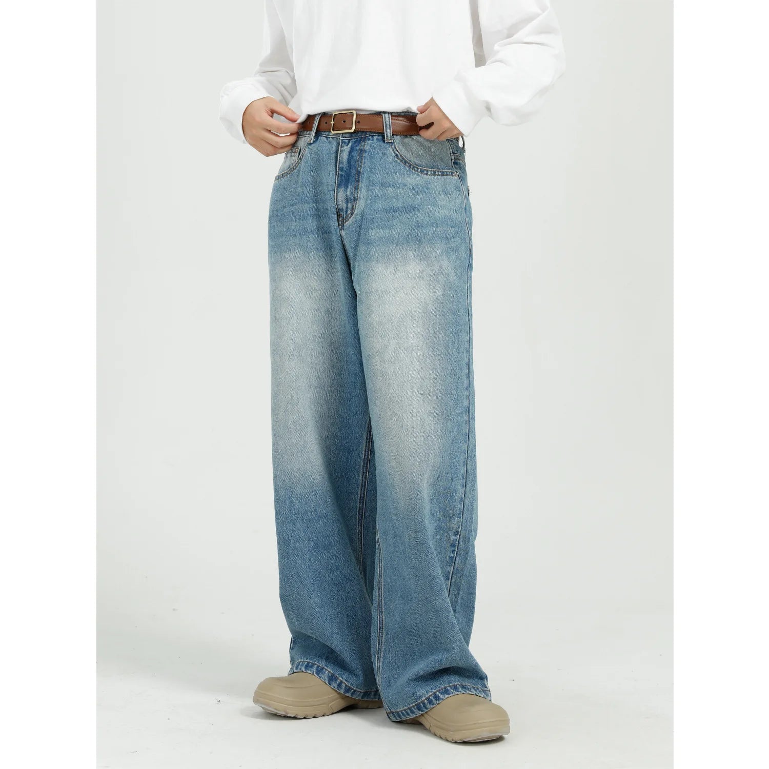 Men's Loose Fit Distressed Vintage Streetwear Wide Leg Jeans Colored Woven Embroidered Pockets Buttons Prints Denim Washed