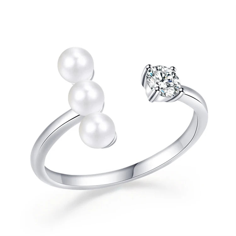 New Fashion Pearl Jewelry 925 Sterling Silver Prong Setting CZ Diamond Adjustable Open Pearl Ring For Women Girls