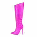 2023 Winter Popular Large Size Plum Snake Skin Metallic PU Zip Thin Heel Knee Length Boots Knight Shoes Women