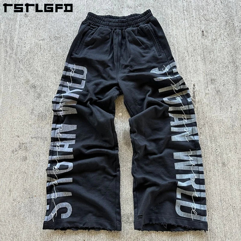 New Design High Street Heavyweight Cotton Men's Jogger Wide Leg Oversized Side Printed Baggy Trackpants Men Sweatpants