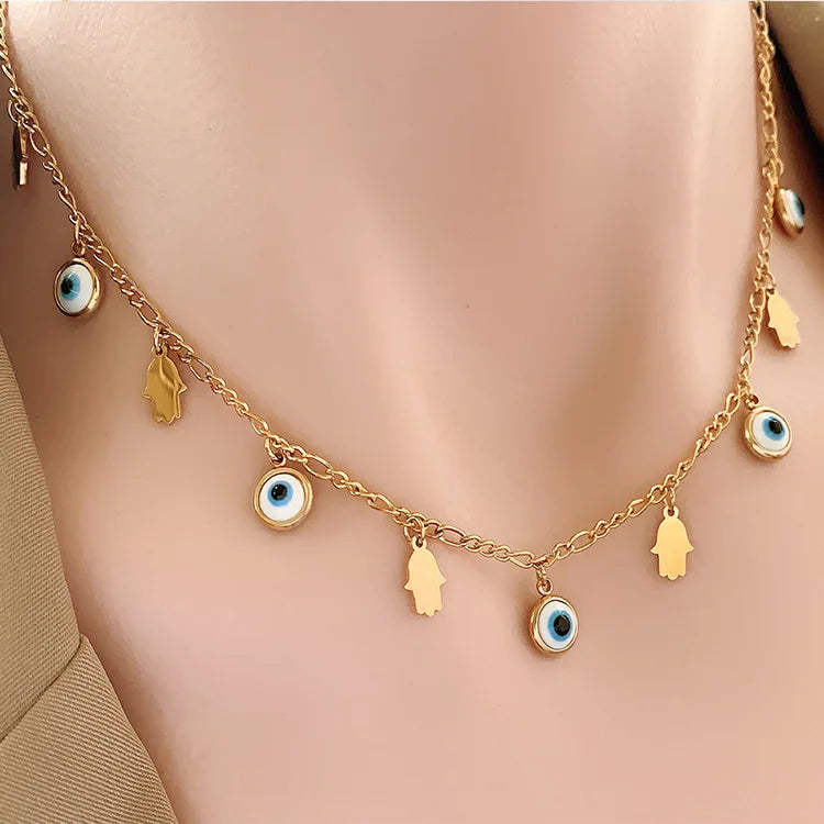 High Polished Gold Plated Hamsa Hand Devil Eye Necklace Jewelry Stainless Steel Tassels Necklace for Women