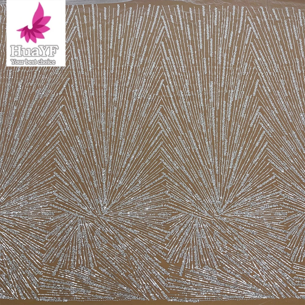 HY2360 New Style Super Sparkle Sequin Bead Lace Silver White Africa Designer Wedding Dress Mesh Fabric