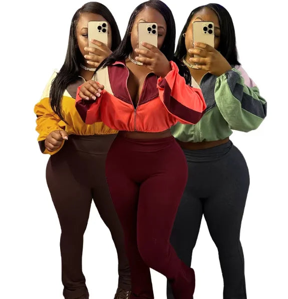 Women's Sports Casual High Waist Micro Speaker Pants and Corp Top Set Color Matching Navel Ladies' Lace Decorated Clothing