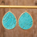 Gold Plated Turquoise Earrings Large Blue Teardrop Shape Hoop Fashion Jewelry for Women