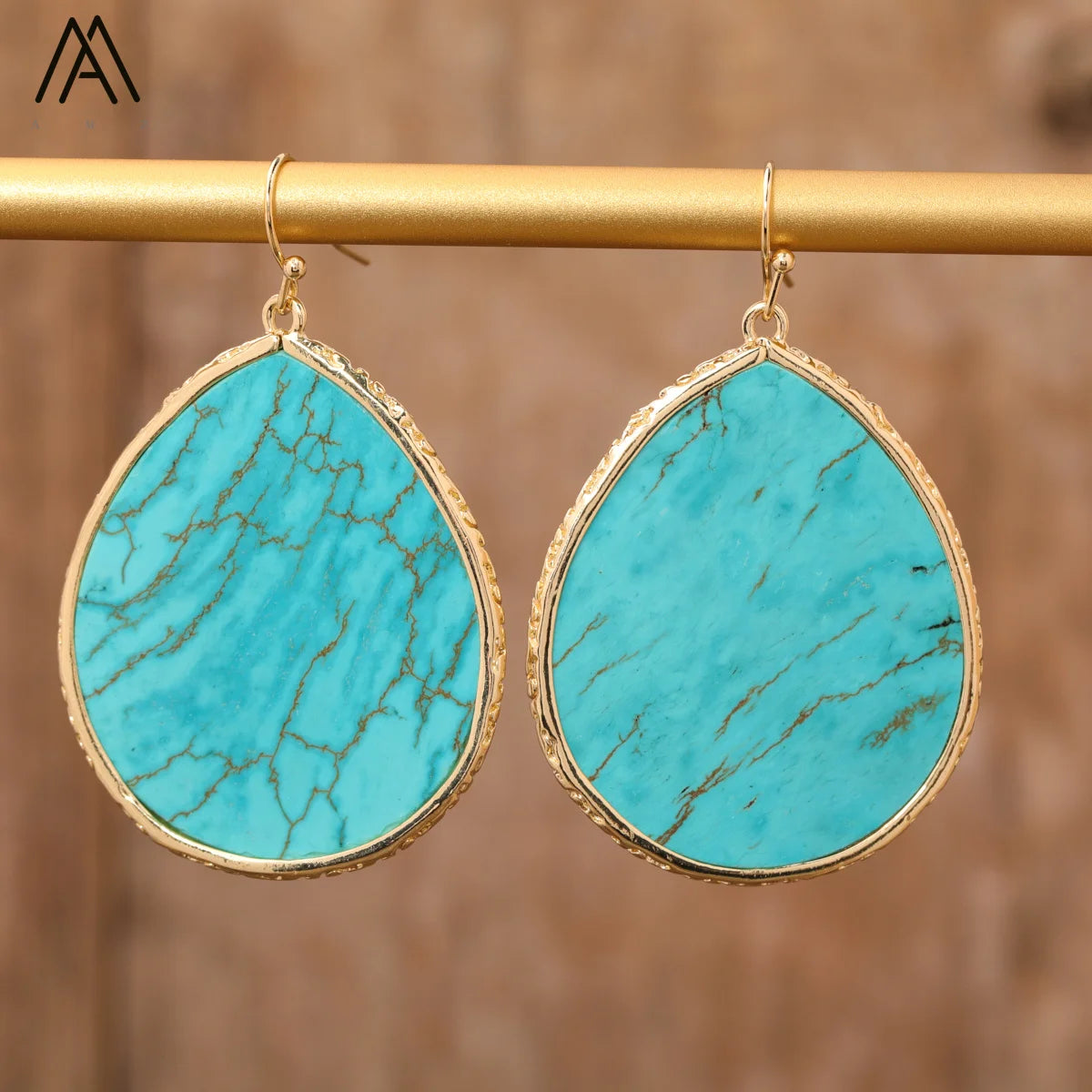 Gold Plated Turquoise Earrings Large Blue Teardrop Shape Hoop Fashion Jewelry for Women