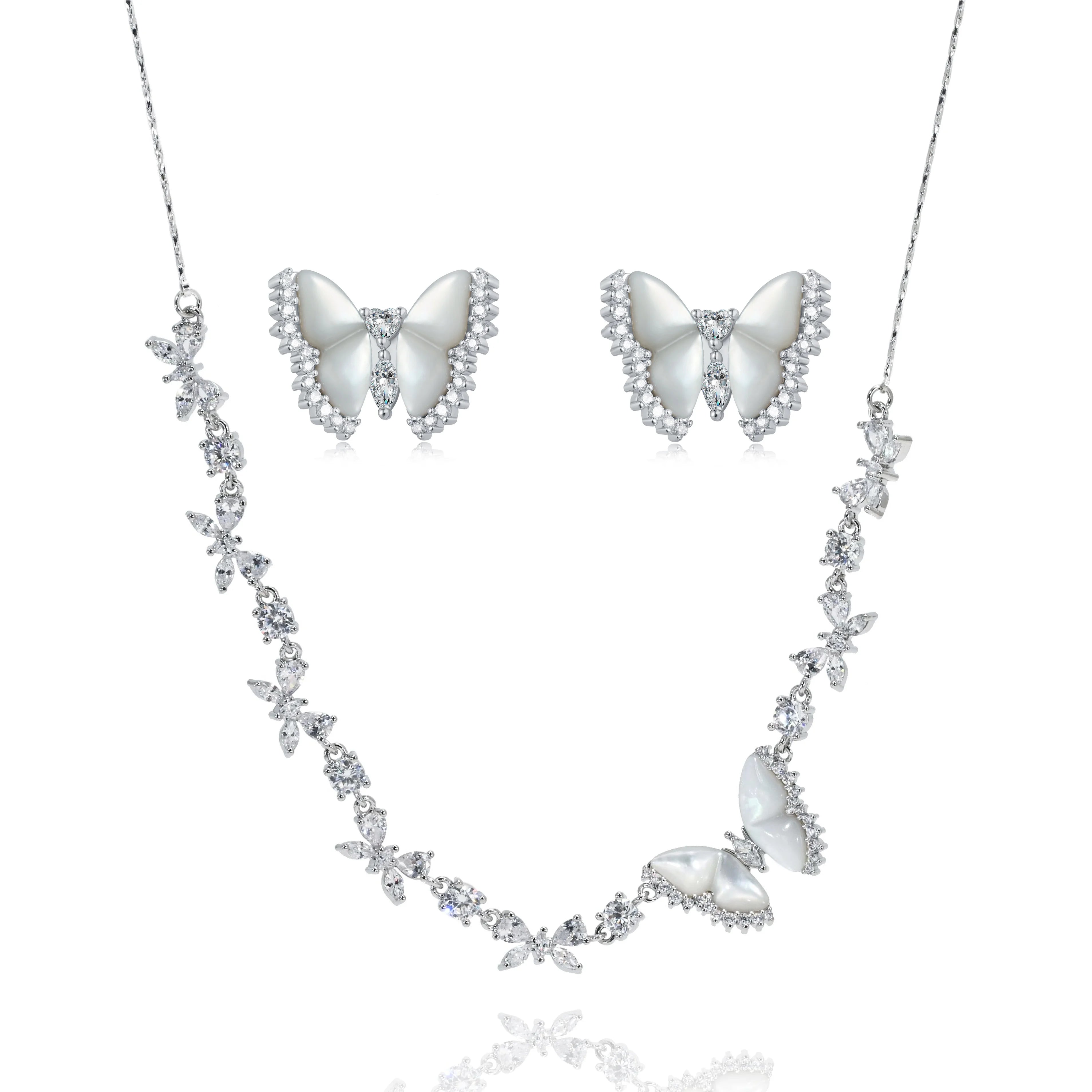 Fashion Premium Metal Platinum Plating Set Zirconia White Mother-of-pearl Butterfly Earrings Necklace Jewelry Set