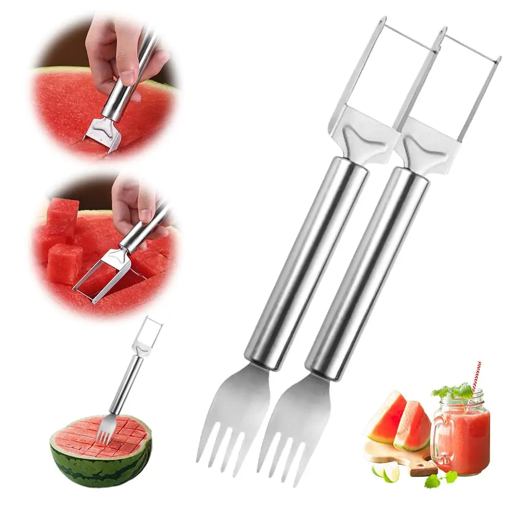 Kitchen Accessories Stainless Steel Kitchen Gadgets Fruit Tools Watermelon Fork Cutter Slicer 2 in 1 Cantaloupe Slicer