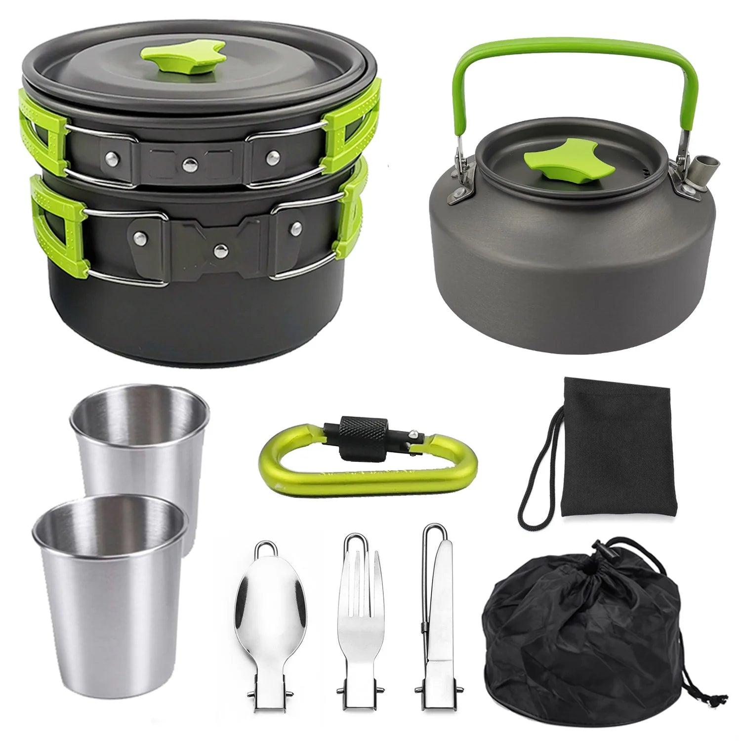 Factory Manufacture Camping Pot Set with Coffee Kettles and Fly Pan 304 Stainless Steel Water Glass for Survival Cooking