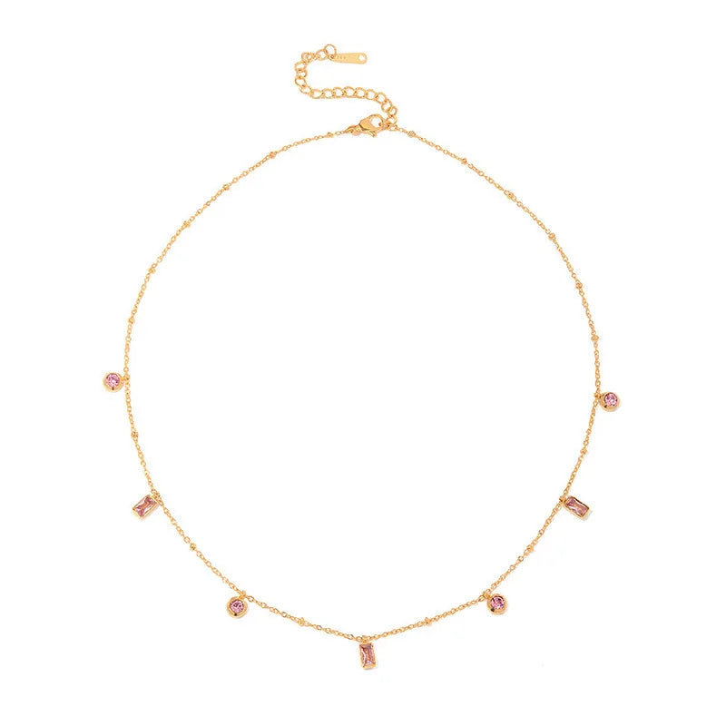 HOVANCI Ins Fashion Stainless Steel Women's Senior Sense Pink Color Multi Charm Geometry Zircon Collarbone Chain