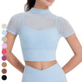 Sexy Mesh Running Workout Crop Top Quick Dry Woman Clothing Fixed Padded Short Sleeve Fitness T-shirt Sports T Shirt for Women