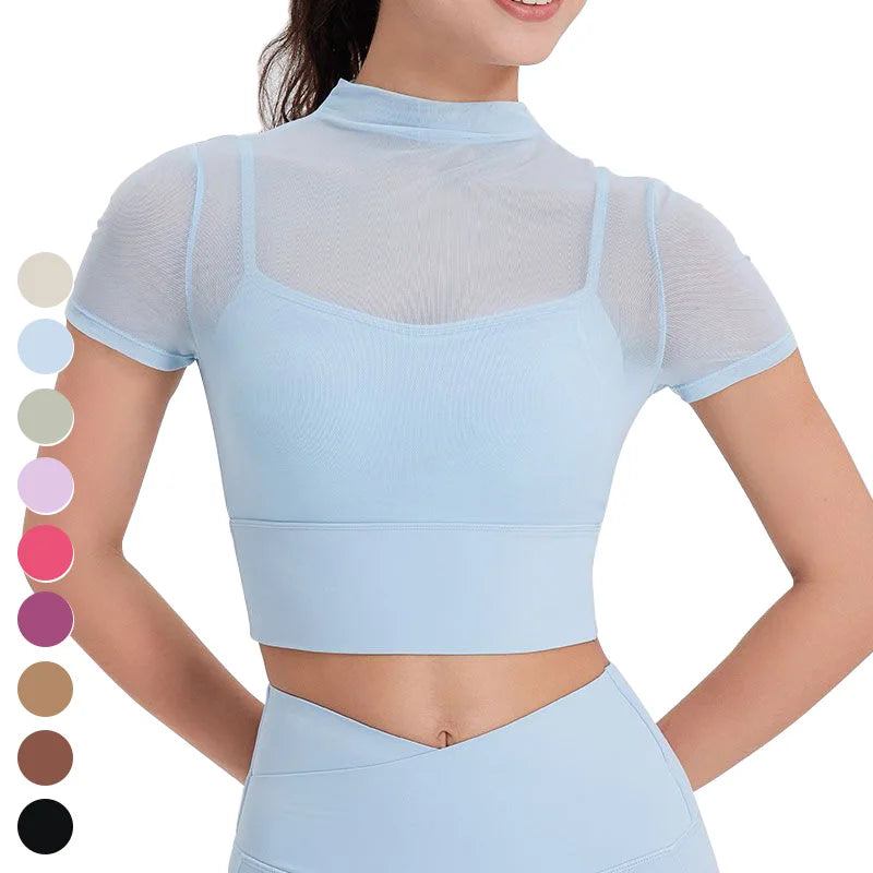Sexy Mesh Running Workout Crop Top Quick Dry Woman Clothing Fixed Padded Short Sleeve Fitness T-shirt Sports T Shirt for Women