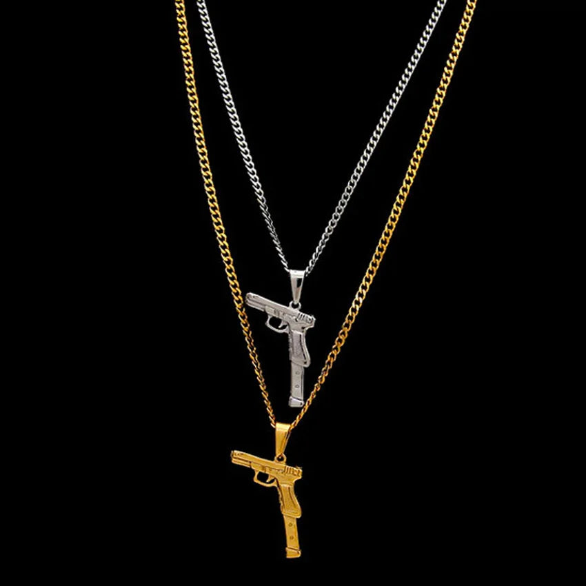 Fashion 18K Gold Plated Gun Necklace Hiphops Stainless Steel Pistol Charms Cuban Necklace Streetwear Hand Gun Pendant Neck