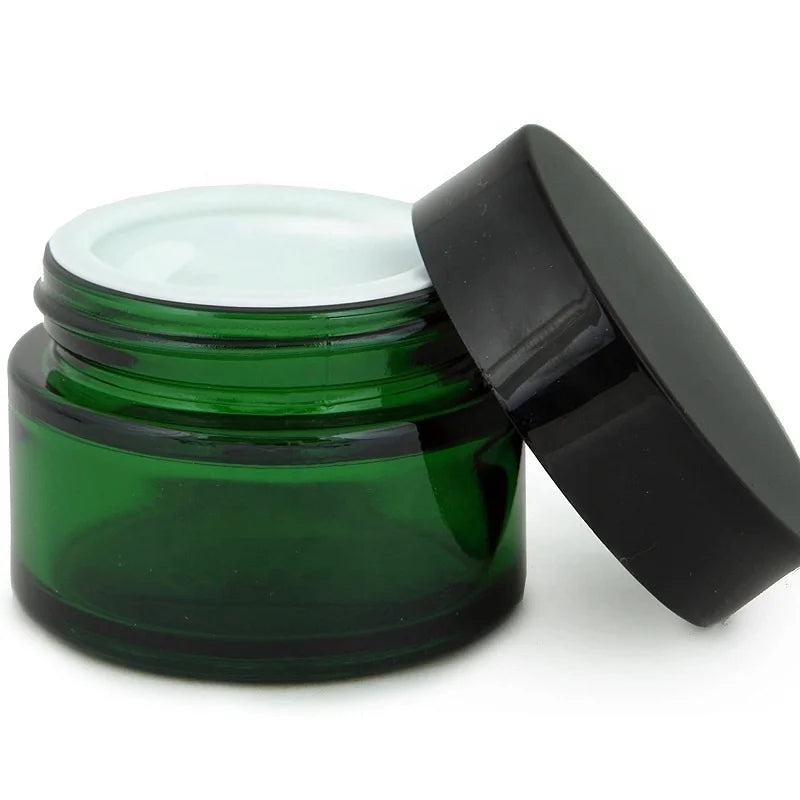 Luxury Green Glass Cosmetic Jars with White Liner Black Plastic Screw Cap Lid for Face Cream Skin Care Lip Balms Eye Creams