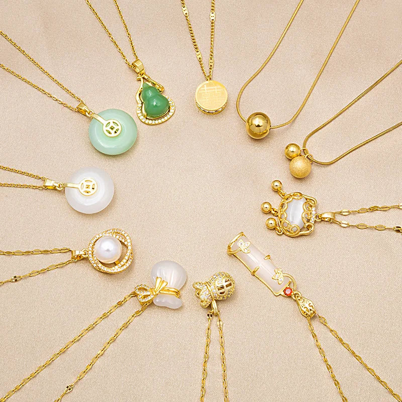 Gold Plated Titanium Steel Natural Jade Necklace Good Luck Chinese Fu Peace Gourd Longevity Lock Necklace for Women