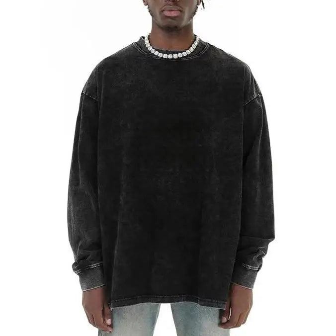 Heavy Stone Wash Long Sleeve Tshirt Unisex Custom Oversized Screen Print Black Cotton Acid Washed Long Sleeve t Shirt for Men