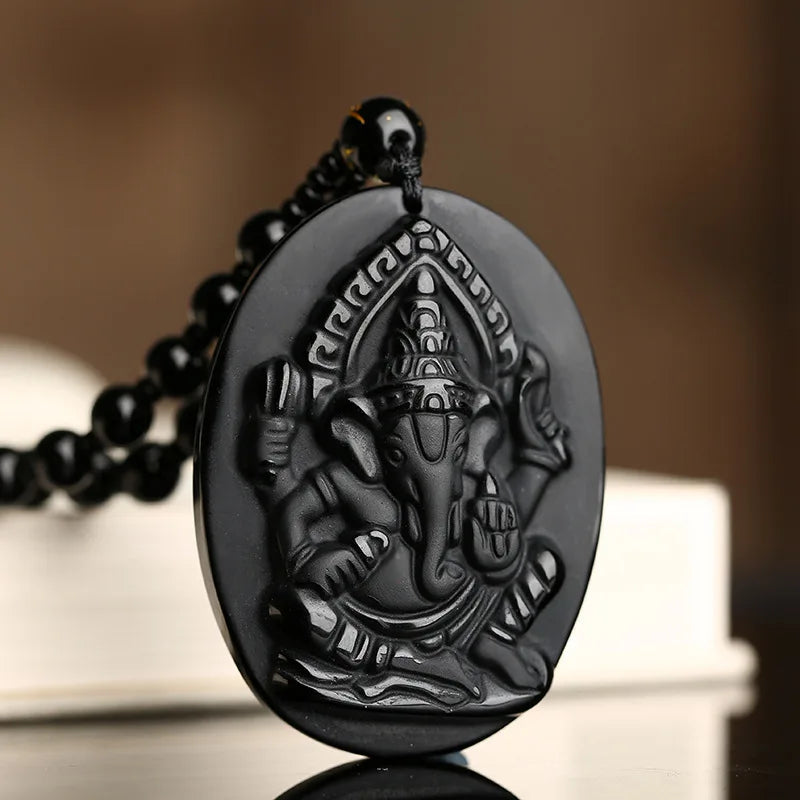 Fashion Obsidian Carved Ganesha Elephant Pendant Necklace for Women Men Lucky Health Wealth Beads Chain Necklace Amulet