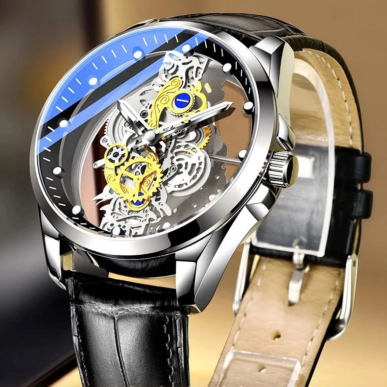 2022 New TIGERAO Watch for Men Full Skeleton Design Quartz Clock Waterproof Leather Steel Case Wristwatches Man Montre Homme
