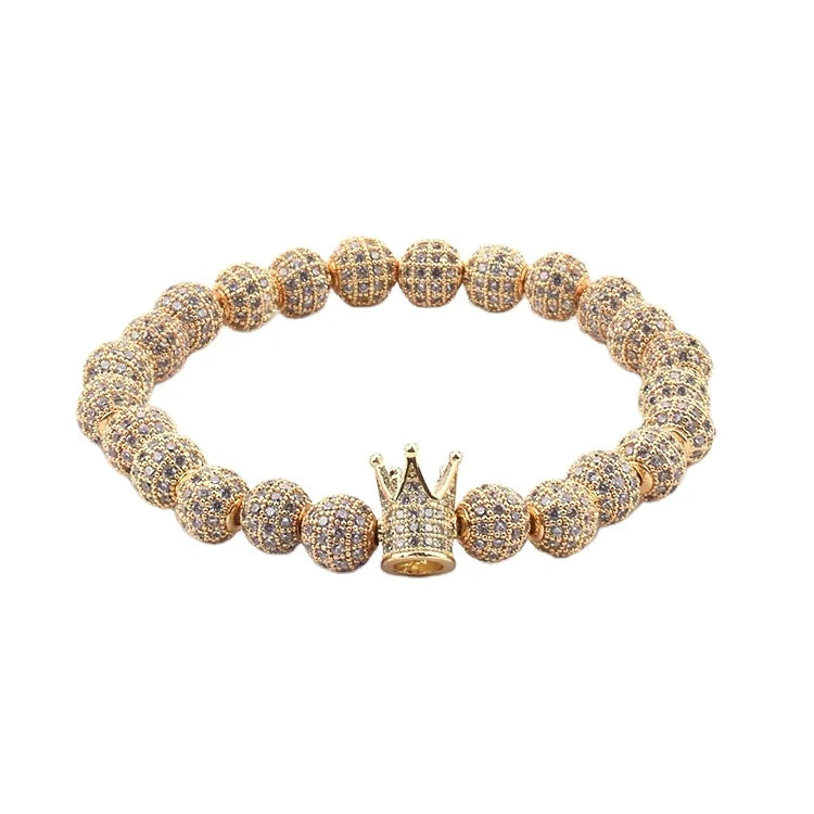 New Fashionable Men's Gold King Crown Bracelets Beaded Alloy Jewelry with Onyx Main Stone for Anniversary Unisex