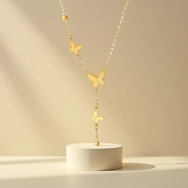Fashion Stainless Steel Butterfly Necklace for Women Gold Plated Small Charm Bead Long Tassel Necklace