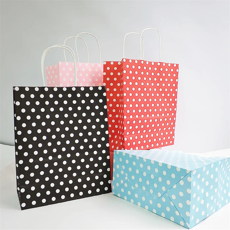 KUAIMA 22*11*27cm Black Red Pink Blue Polka Dots Recycled Twist Handles White Kraft Shopping Bags for Gifts