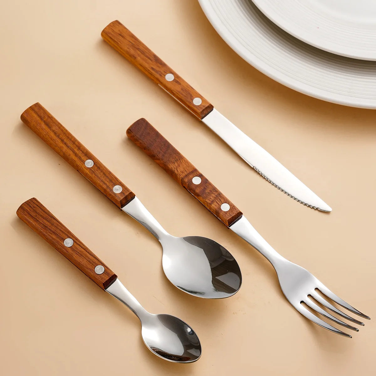 304 Stainless Steel Wooden Handle Cutlery Set Hotel Steak Knife Fork Spoon Silverware Cutlery 4 Pcs Set