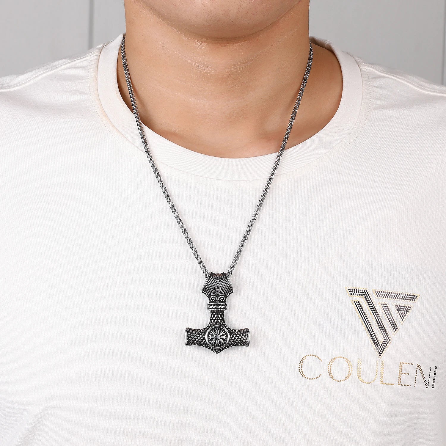 Fashion Nordic Viking Mjolnir Thor Hammer Men's Pendant Helm of Awe Men Necklace Stainless Steel Jewelry