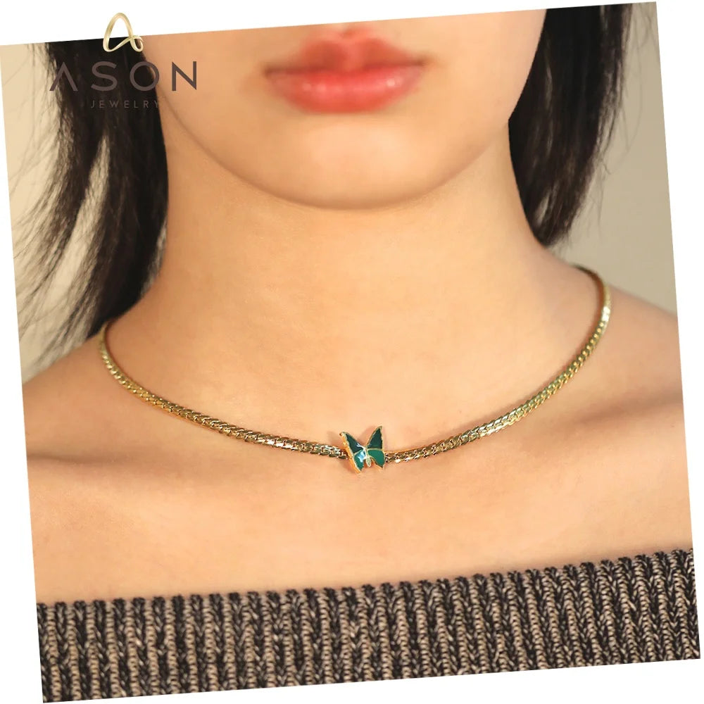 Ason Fashion Jewelry Custom Cuban Chain Necklace Stainless Steel 18k Gold Plated Cute Green Butterfly Charm Necklace for Women