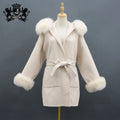 Janefur Wool Coat Women Detachable Real Fox Fur Collar Cuff Wool Cashmere Fur Hooded Coat