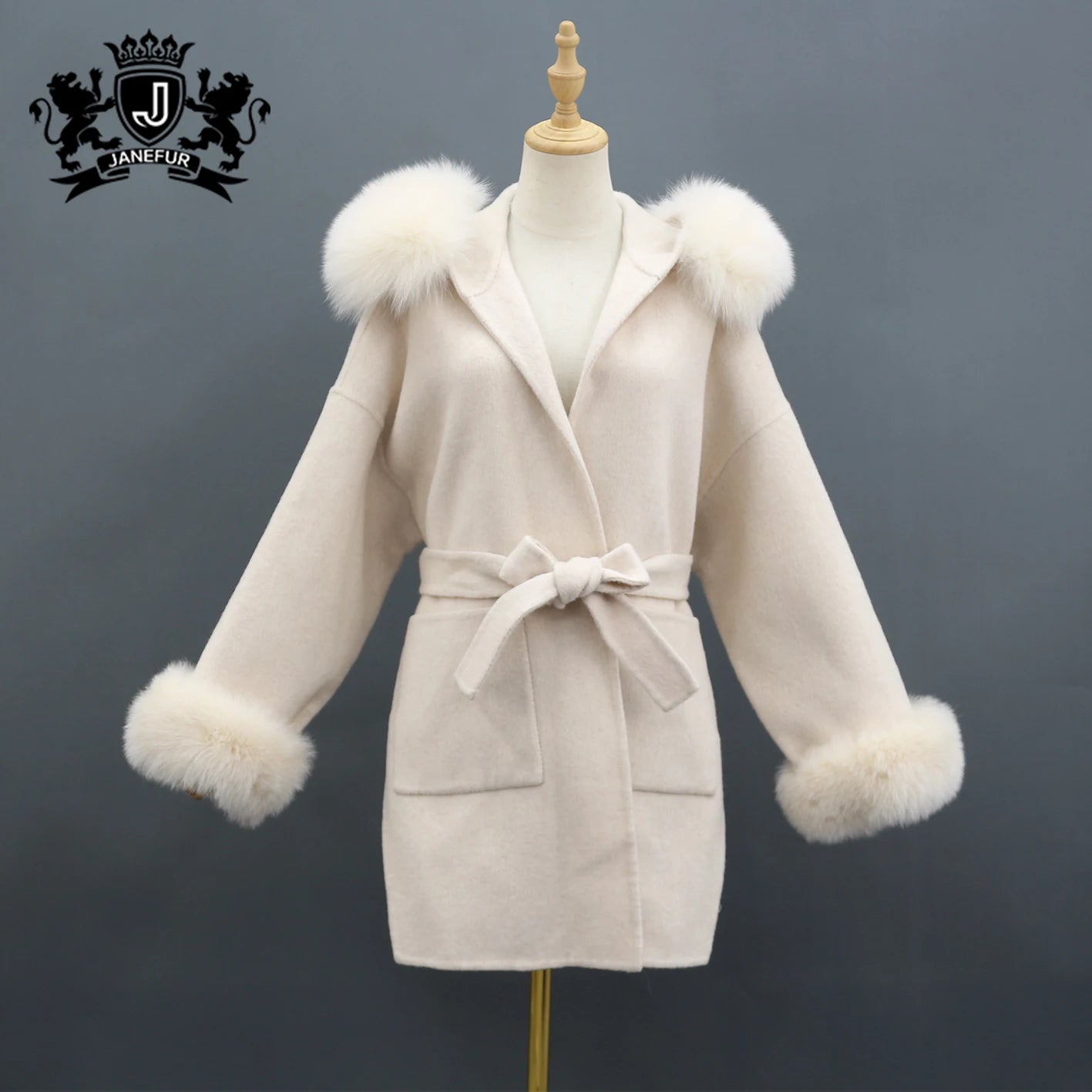 Janefur Wool Coat Women Detachable Real Fox Fur Collar Cuff Wool Cashmere Fur Hooded Coat