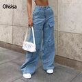 Fashion Artificial Jeans Washed Large Pocket Workwear Wide Leg Loose Denim Pants High Waist Women Jeans