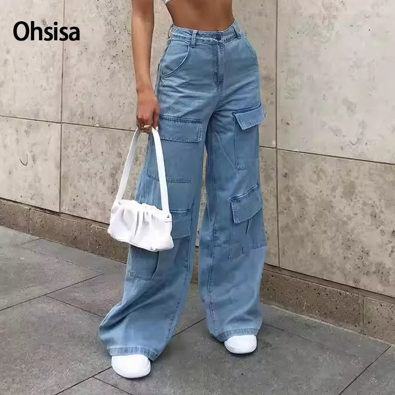 Fashion Artificial Jeans Washed Large Pocket Workwear Wide Leg Loose Denim Pants High Waist Women Jeans