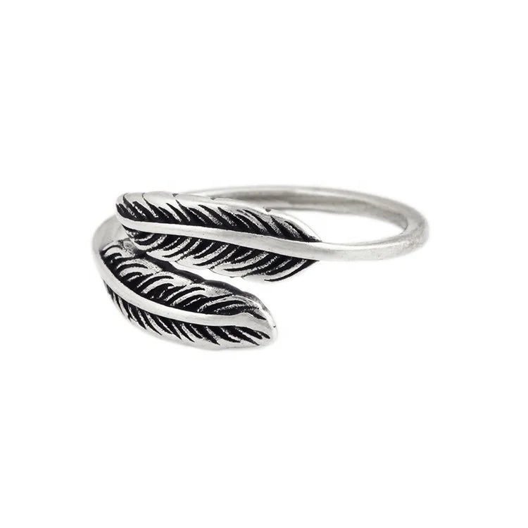 Best Mother's Day Gift Oxidized Silver Plated Double Plume Shaped Feather Ring