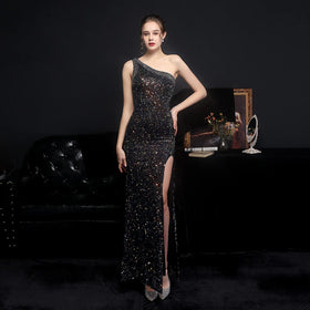 18588# Heavy Craft Beads Socialite Sexy Long Slimming Toast Bride Party Evening Dress