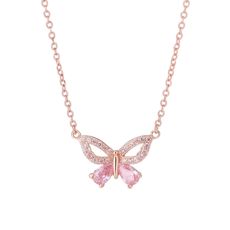 Exquisite Rose Gold Plated Sterling Silver Butterfly Pendant Necklace S925 Sterling Silver CZ Butterfly Necklace for Party