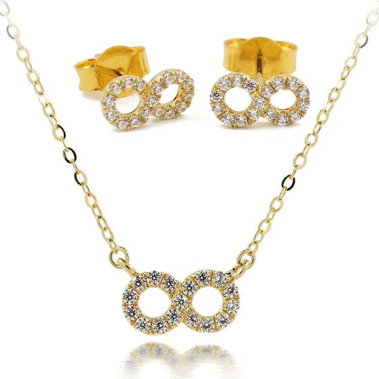 Fashion Fine Jewelry Making Supply Solid  AU750 Gold 18K Real Chain Necklace Set 8 Shaped Stud Earring Pendant with 5A CZ Stones