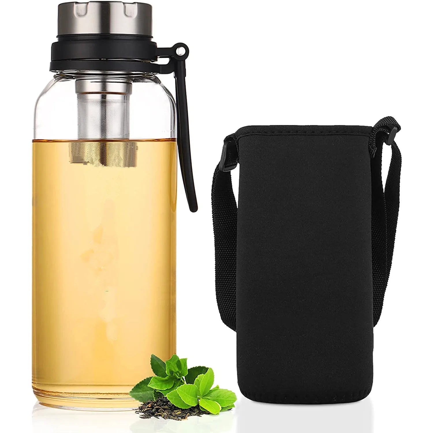 Portable 1200ml/2000ml Dishwasher Safe Sports Drinkware Borosilicate Glass Tumbler with Lid Strap for Hot Coffee Tea Travel
