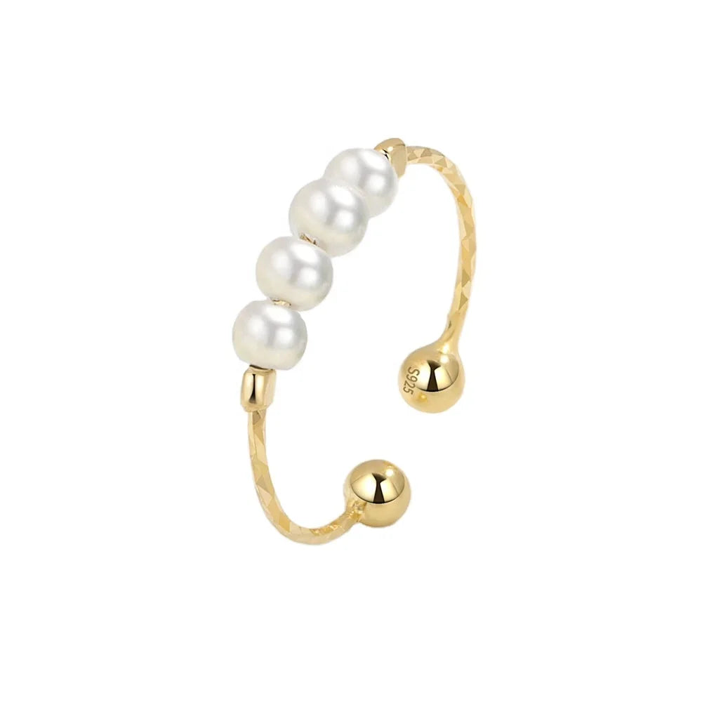 Adjustable 925 Sterling Silver Anti Anxiety Ring Gold Plated Rotating Pearl Rings for Women