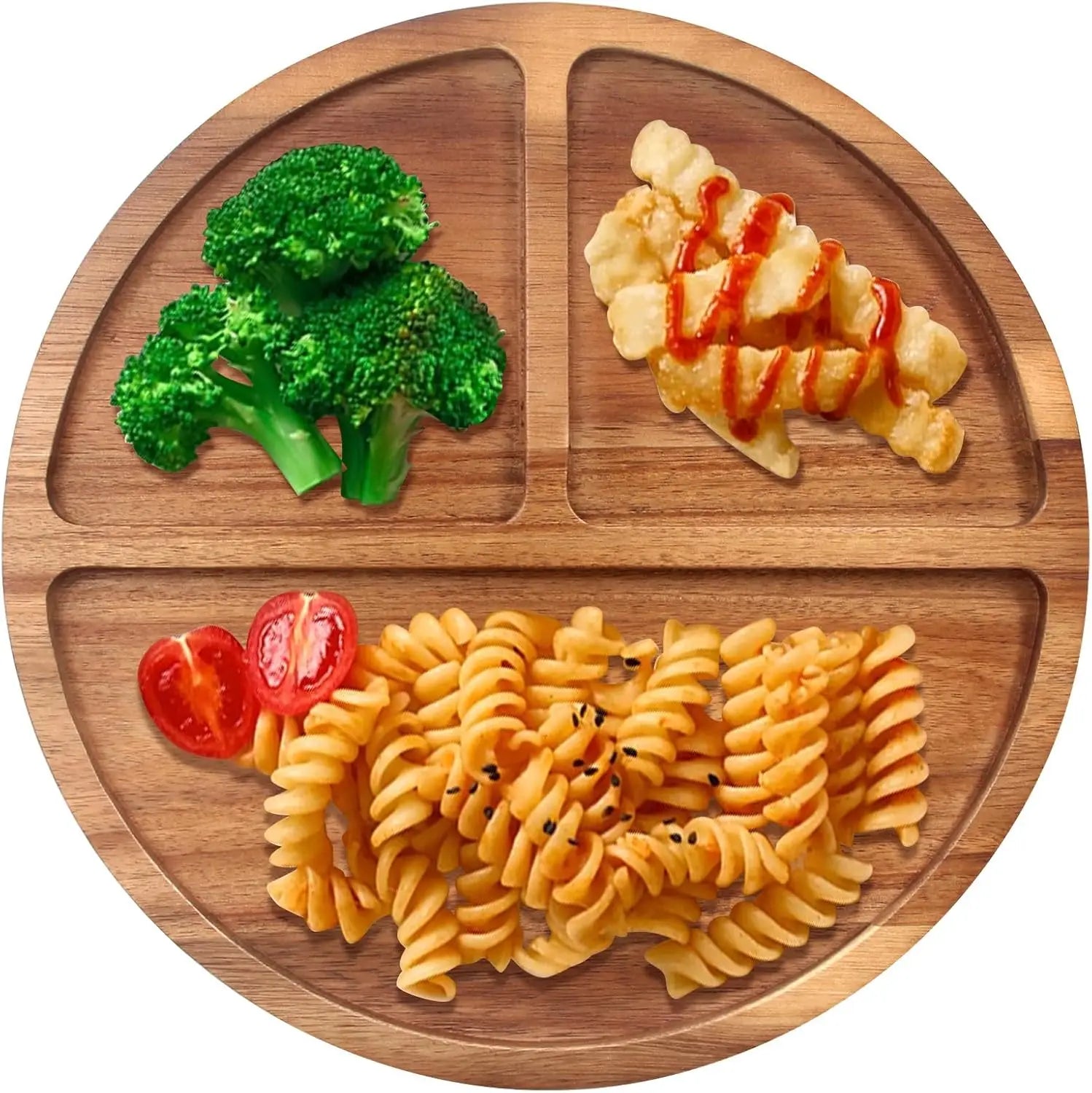 Acacia Wood  Plate Divided Plate for Adults Dinner Wood Plates Round Wooden Tray Food Platters for Weight Loss