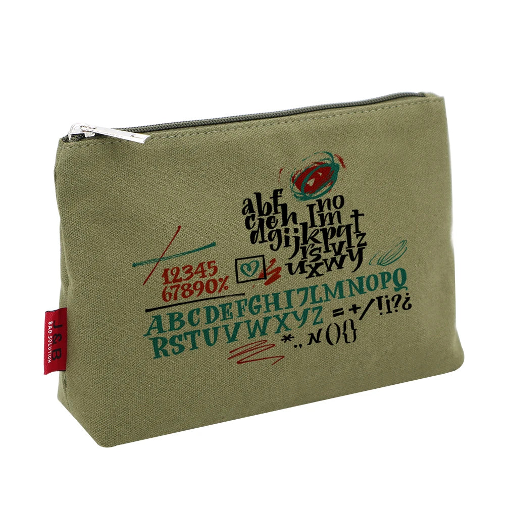 Eco Cotton Canvas Zipper Pouch with Printing Design Army Green Canvas Make up Cosmetic Promotional Gift Bags for Men