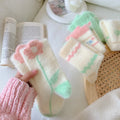 MIO Fashion Autumn Winter Warm Cozy Fluffy Mid Tube Socks Light Green Soft Home Floor Socks Sweet Flower Print Women Fuzzy Socks