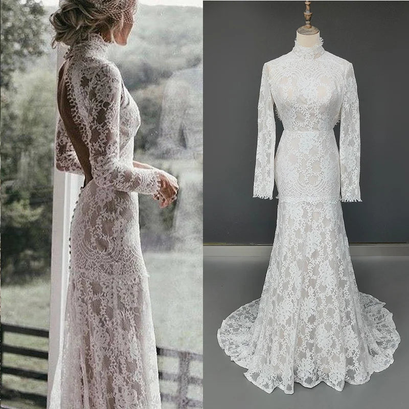 11724#Romantic Hippie Boho High Neck Open Back Sweep Train Long Sleeve Mermaid Lace Wedding Dress Wedding Bridal Gown