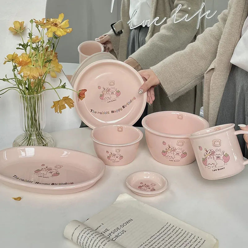 Ins Style Cute Cake Bunny Girl Heart pink Cutlery Bowl Combination Home Mug Set Gift