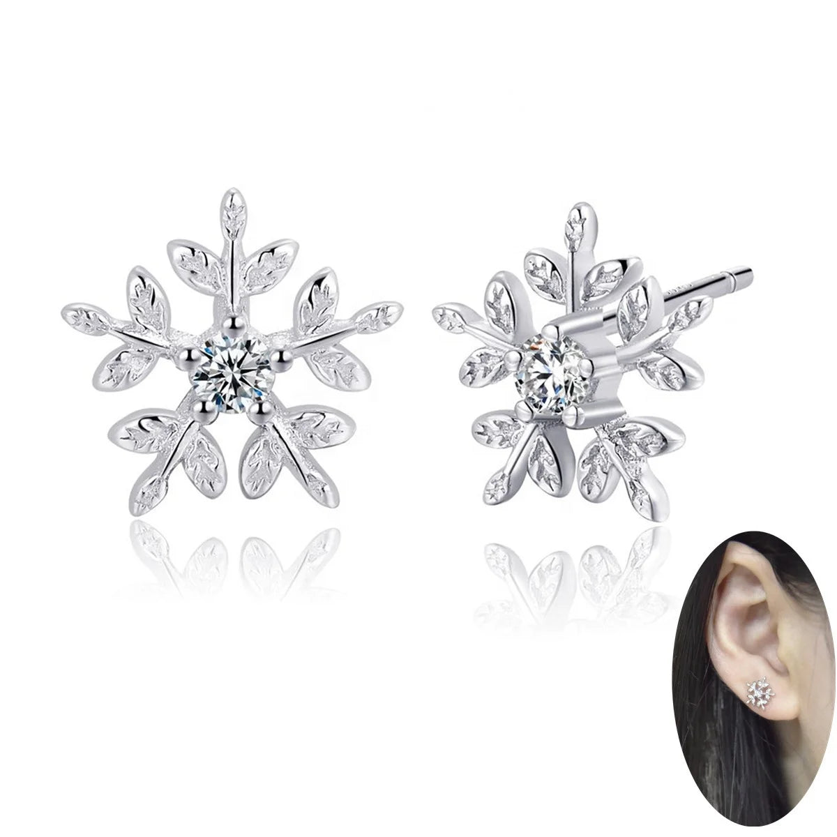 S925 Sterling Silver Snowflake Stud Earrings With Cubic Zirconia Crystal for Women Girls Christmas Gift