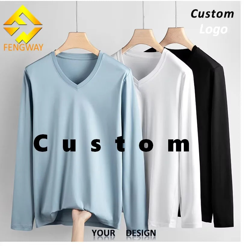Men's High Quality Pure Pima Cotton V-Neck Long Sleeve T-Shirt Casual Fitness Soft Fabric Solid Pattern Best Pima T Shirts