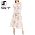 Liu Ming 2025 New Women Chiffon Evening Dress - Floral Print Ruffled Long Sleeve Prom Gown (Elegant Midi Length)