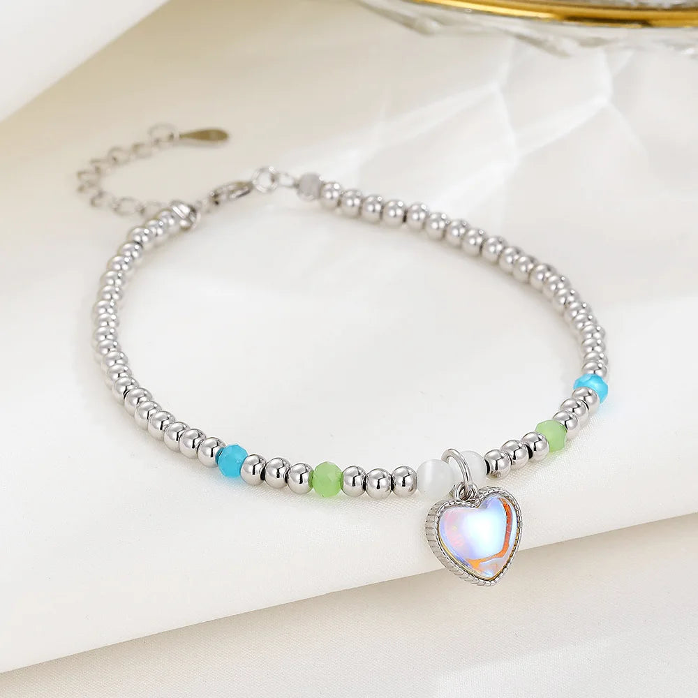 Handmade 925 Sterling Silver Moonstone Heart Bracelets Personality Women Round Silver Beads Bracelets