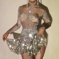 Luxury Evening Dresses Party Women Sexy Custom Crystal Stone Tassel Dress See Through Mesh Dance Costumes With Diamond Chain