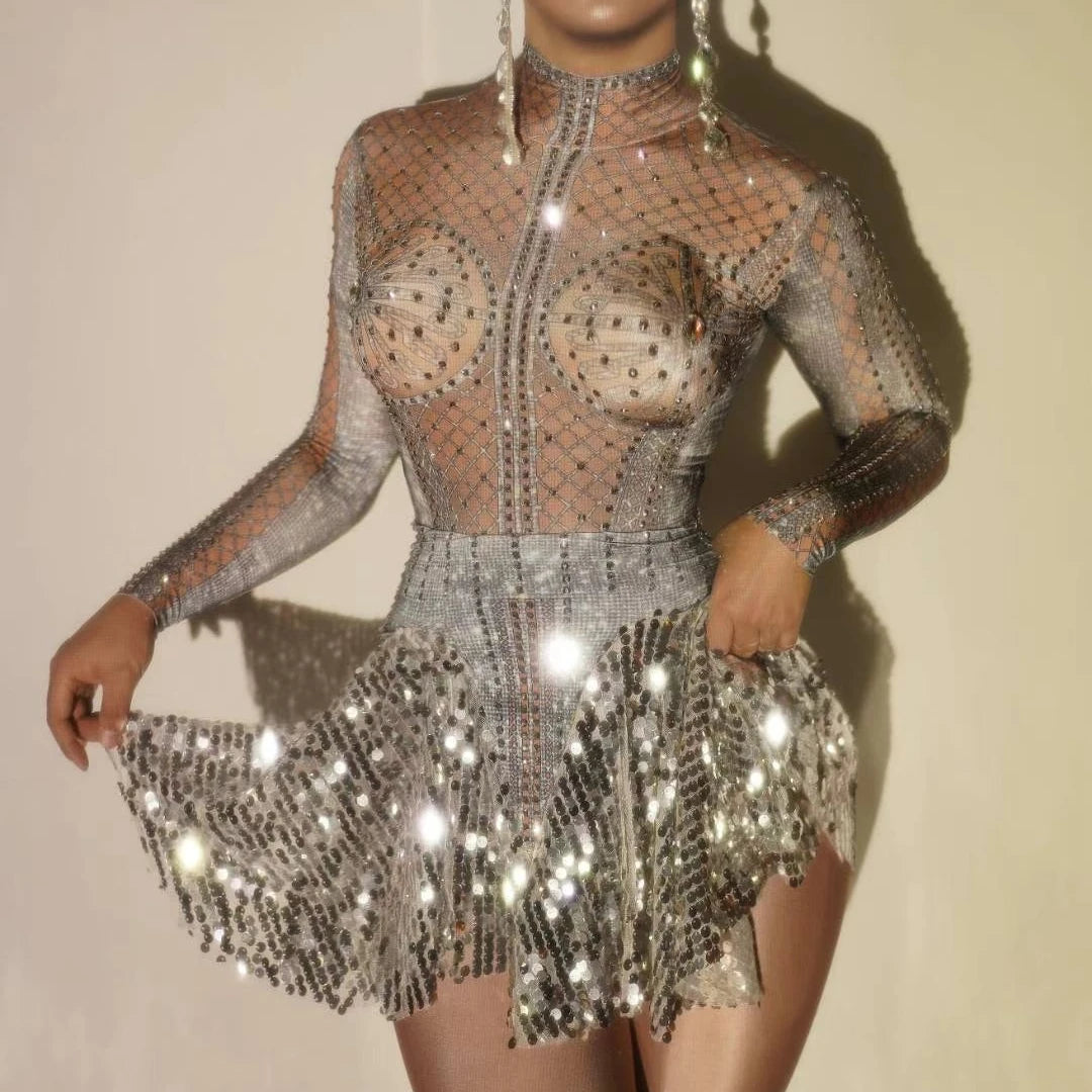 Luxury Evening Dresses Party Women Sexy Custom Crystal Stone Tassel Dress See Through Mesh Dance Costumes With Diamond Chain