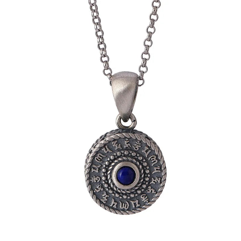 S925 Sterling Silver Lapis Lazuli Pendant for Men and Women Antique Matte Om Mani Padme Hum Necklace Pendant Jewelry